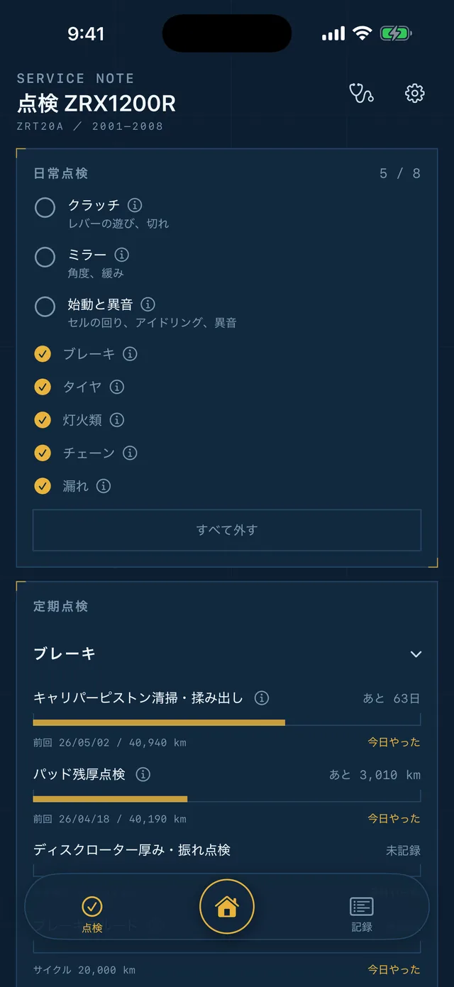 点検タブ。日常点検8項目のうち5項目にチェックが入っている