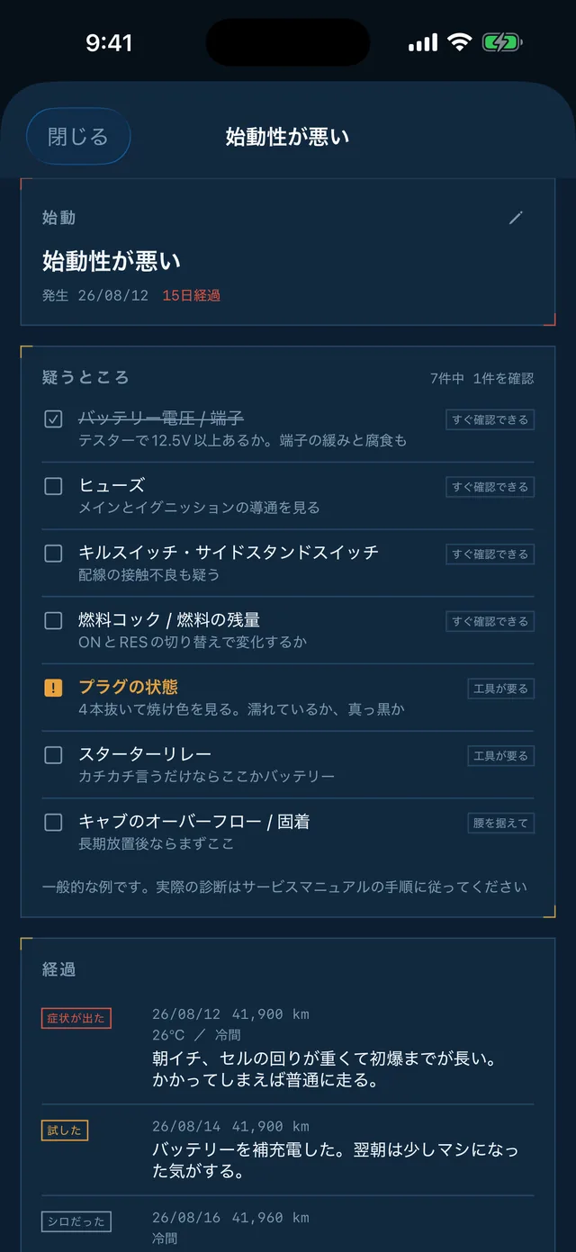 不調の詳細。疑うべき箇所の一覧と経過の記録